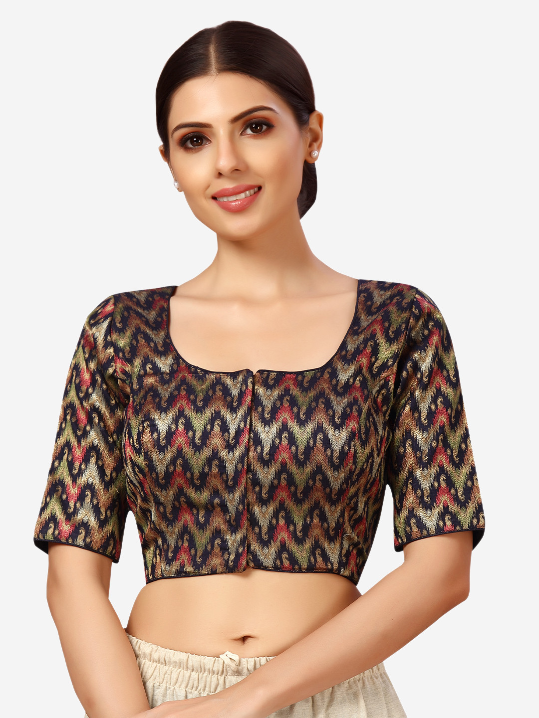 

Studio Shringaar Navy Blue & Gold Toned Woven Design Brocade Padded Saree Blouse