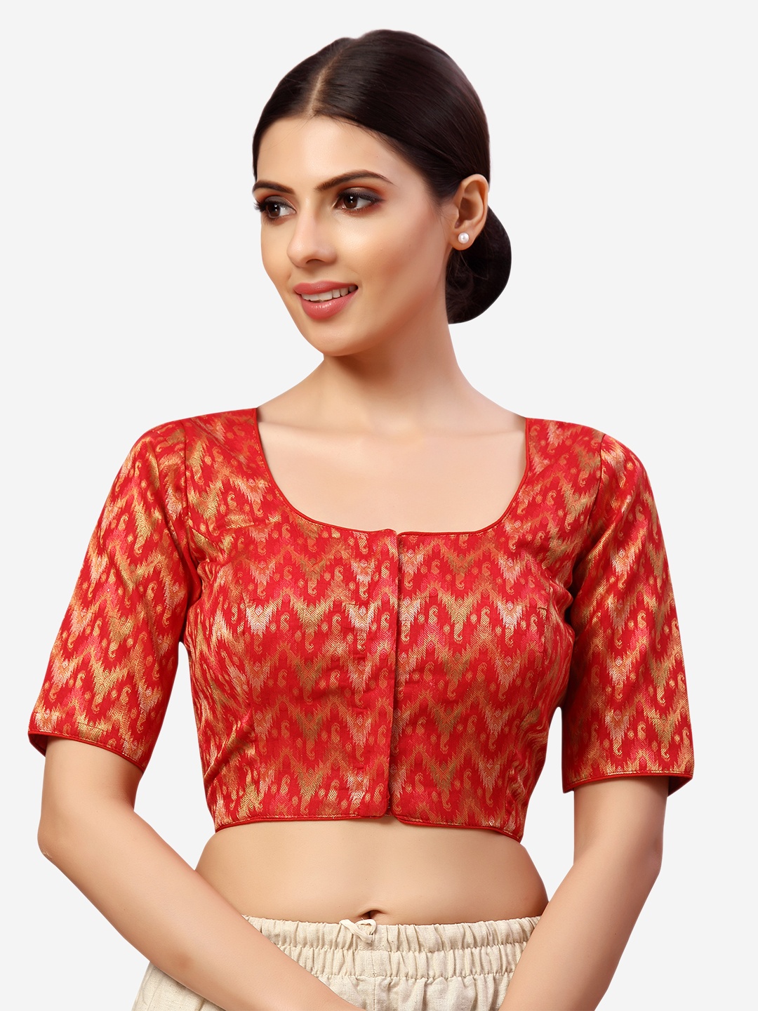 

Studio Shringaar Red & Gold Toned Woven Design Brocade Padded Saree Blouse