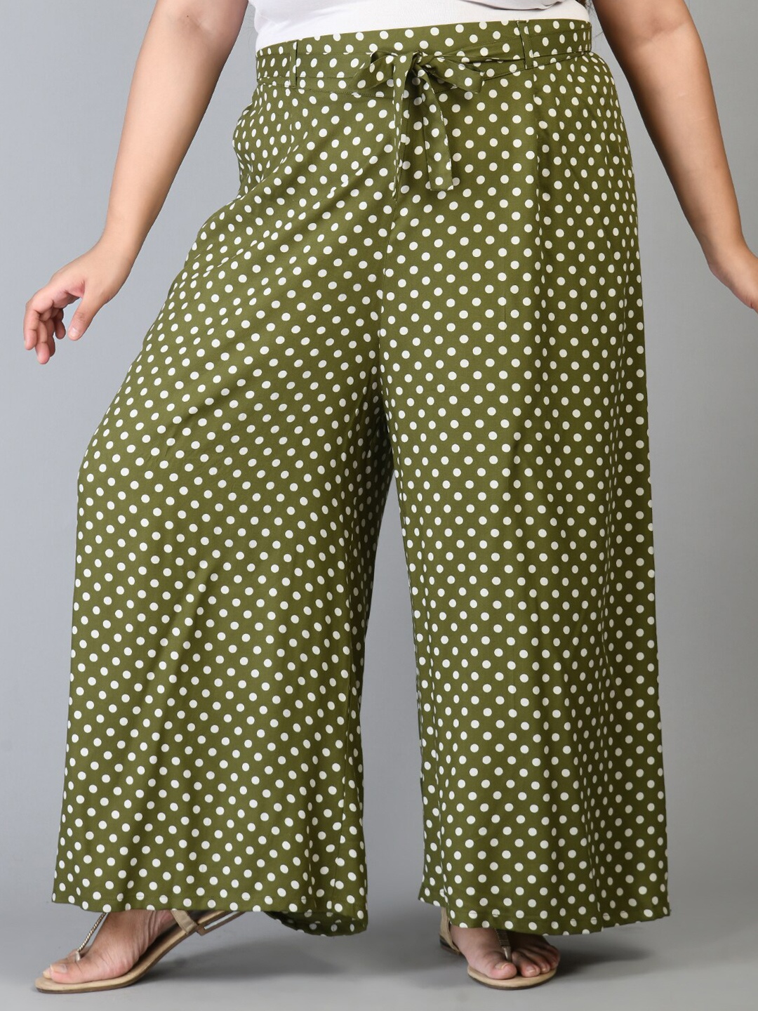 

PrettyPlus by Desinoor.com Women Plus Size Green & White Printed Palazzos
