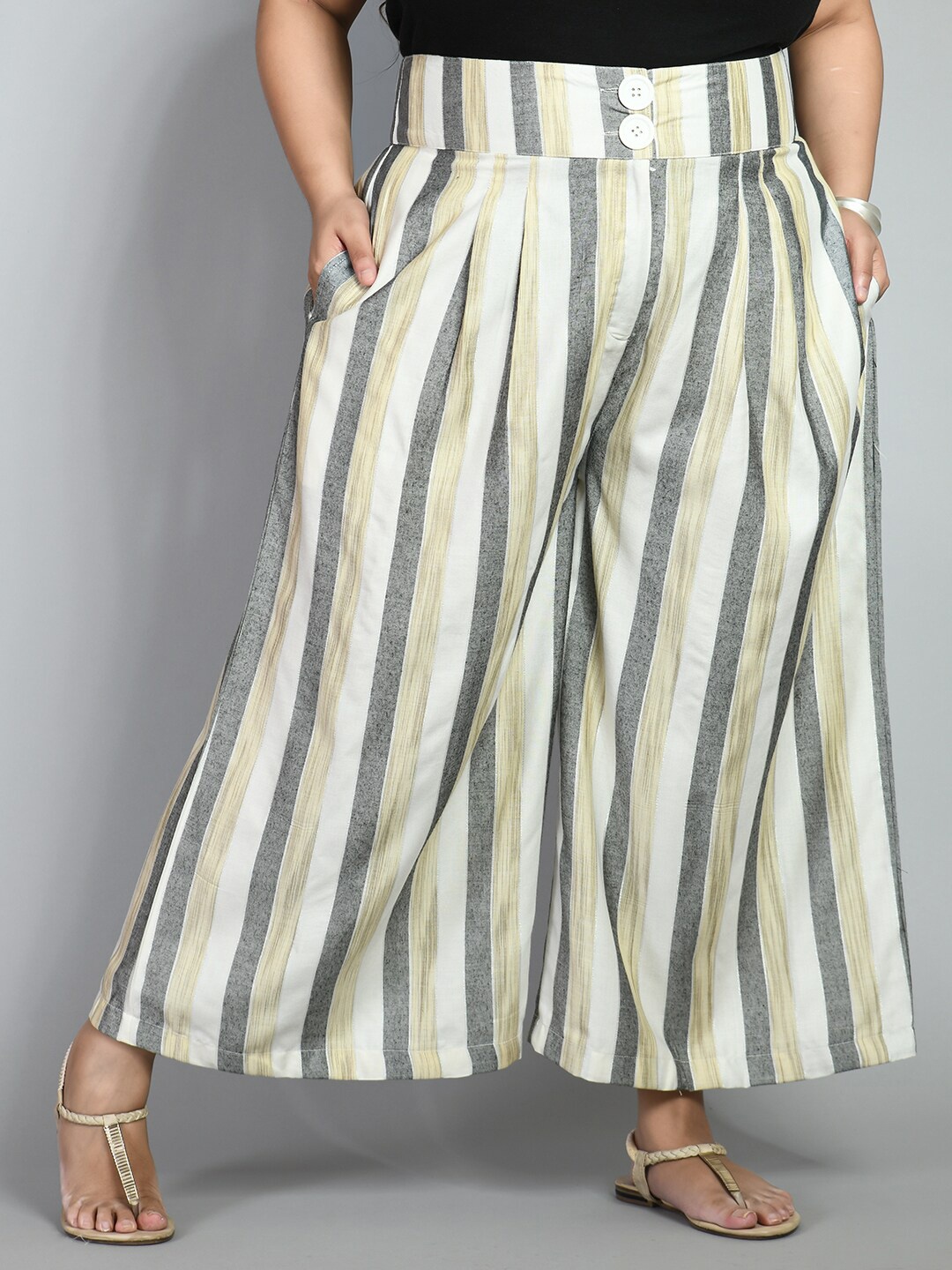 

PrettyPlus by Desinoor.com Women Plus Size Grey & White Striped Palazzos