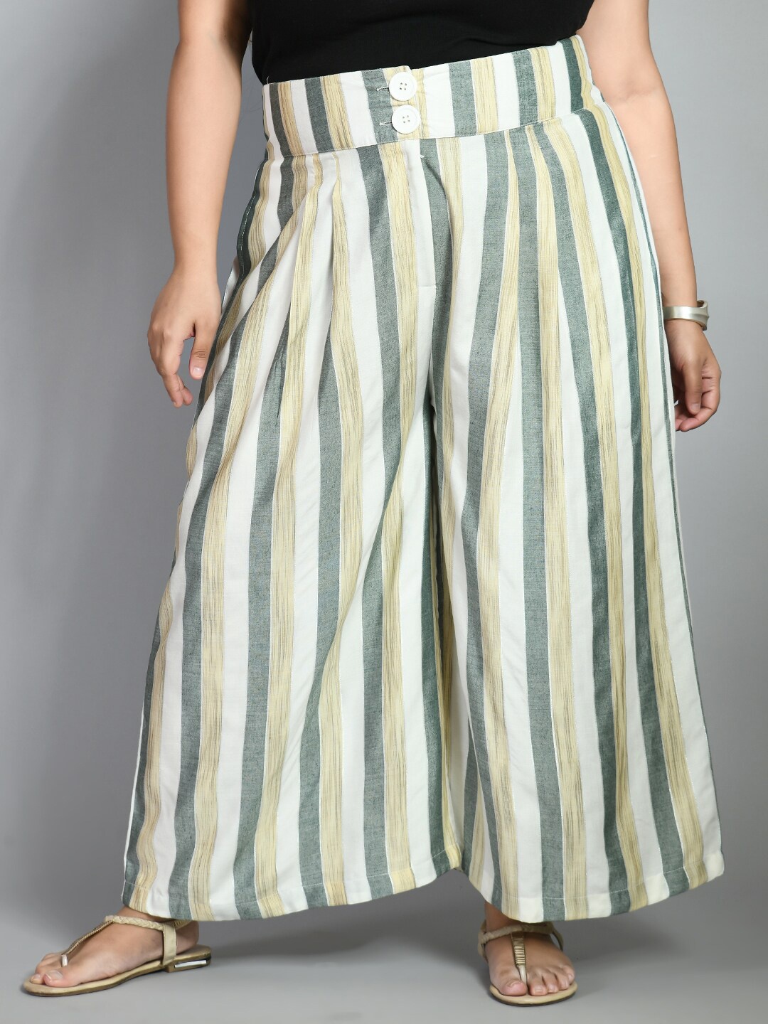 

PrettyPlus by Desinoor .com Women Plus Size Green & White Striped Palazzos