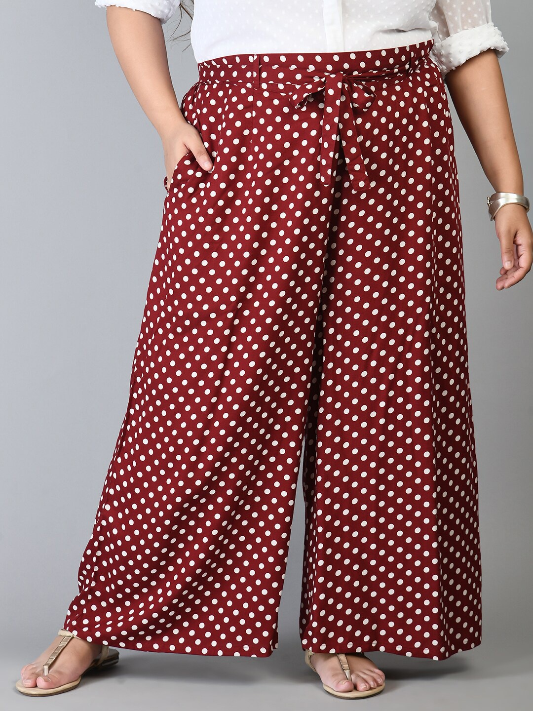

PrettyPlus by Desinoor .com Women Plus Size Maroon & White Printed Palazzos