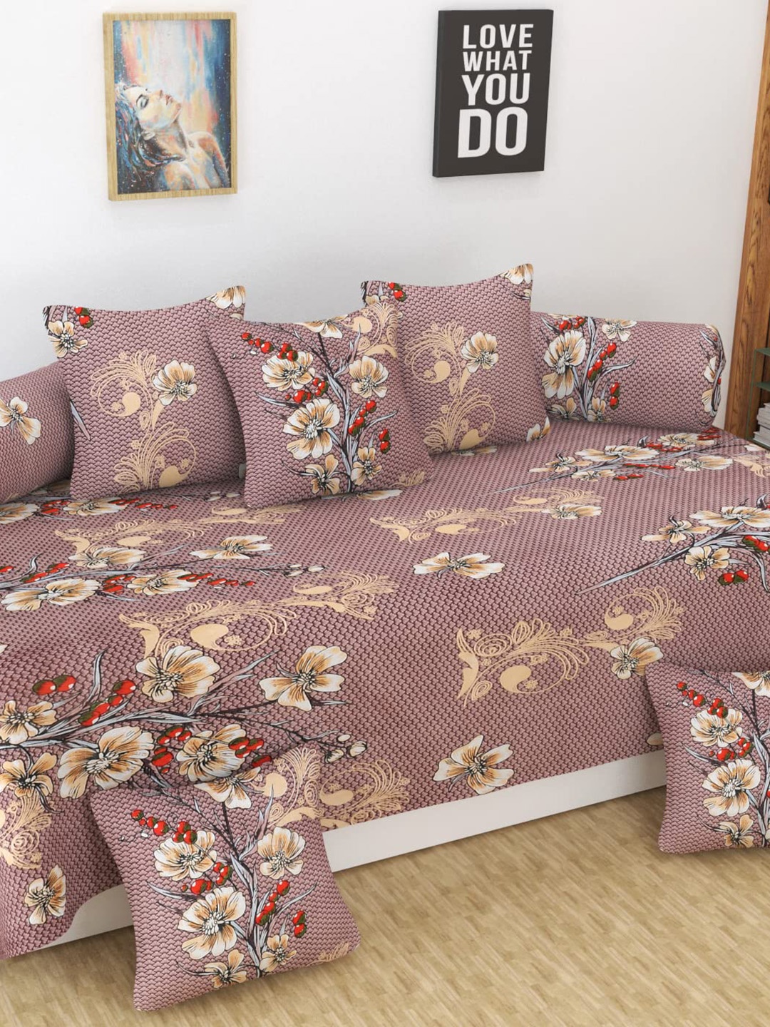 

MODEFE Set of 8 Brown Floral Printed Cotton Diwan Set