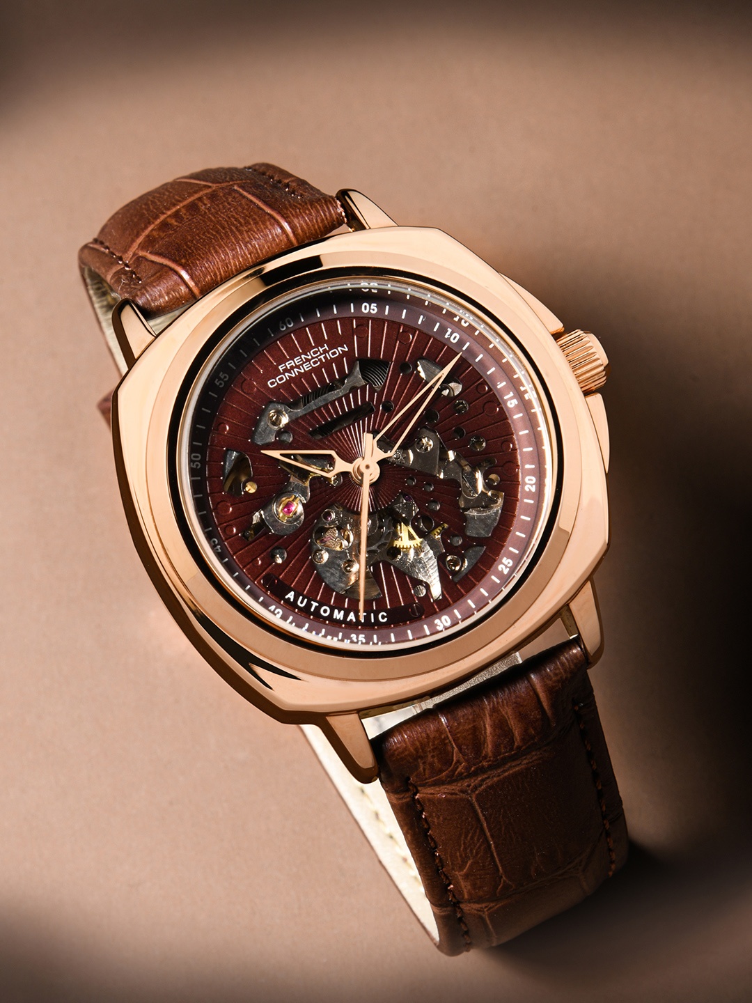 

French Connection Men Brown Printed Dial & Brown Leather Straps Analogue Automatic Motion Powered Watch