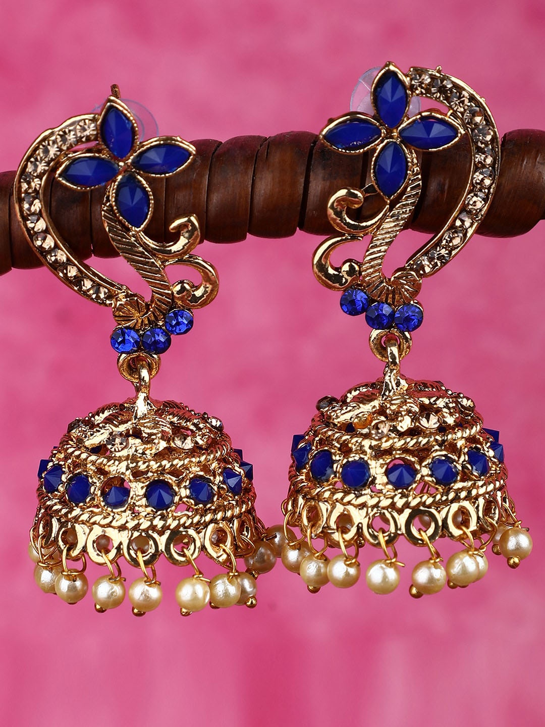 

ANIKAS CREATION Blue & Gold-Toned Dome Shaped Jhumkas Earrings