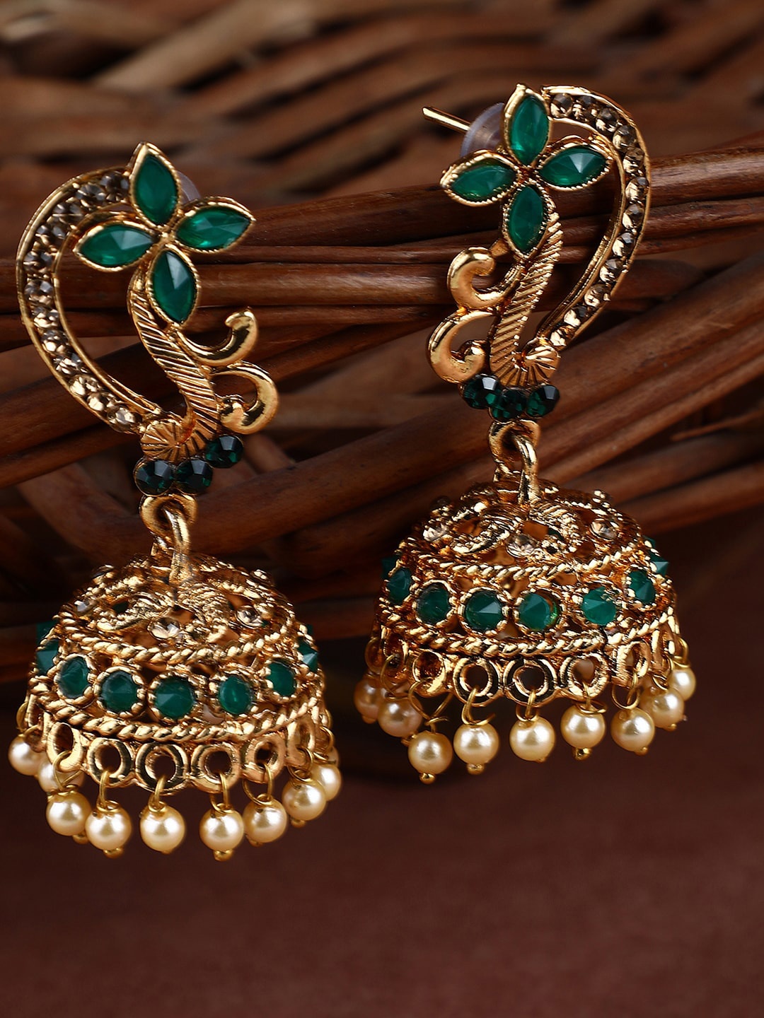 

ANIKAS CREATION Green & Gold-Plated Dome Shaped Jhumkas Earrings