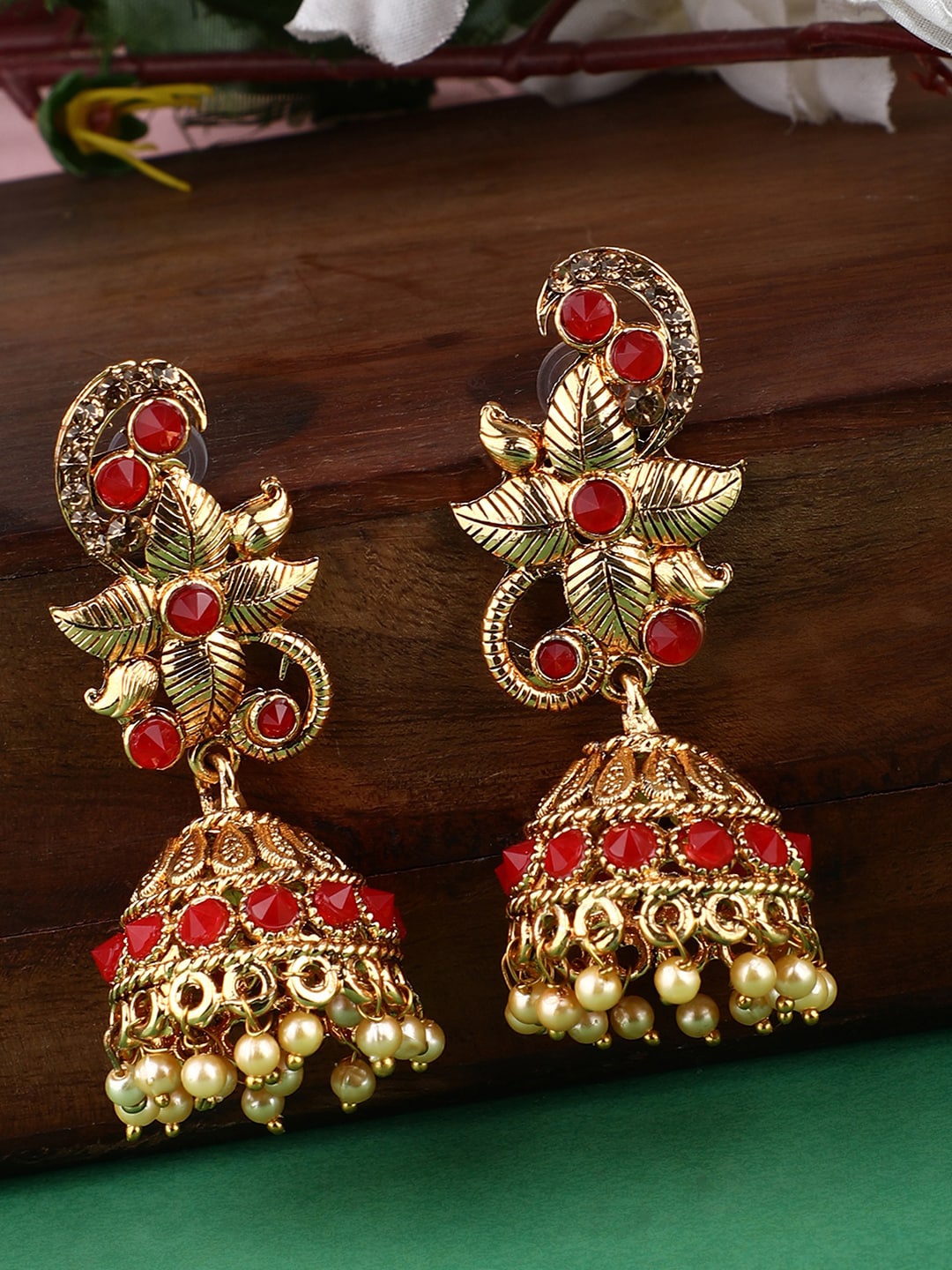 

ANIKAS CREATION Red & Gold-Plated Dome Shaped Jhumkas Earrings