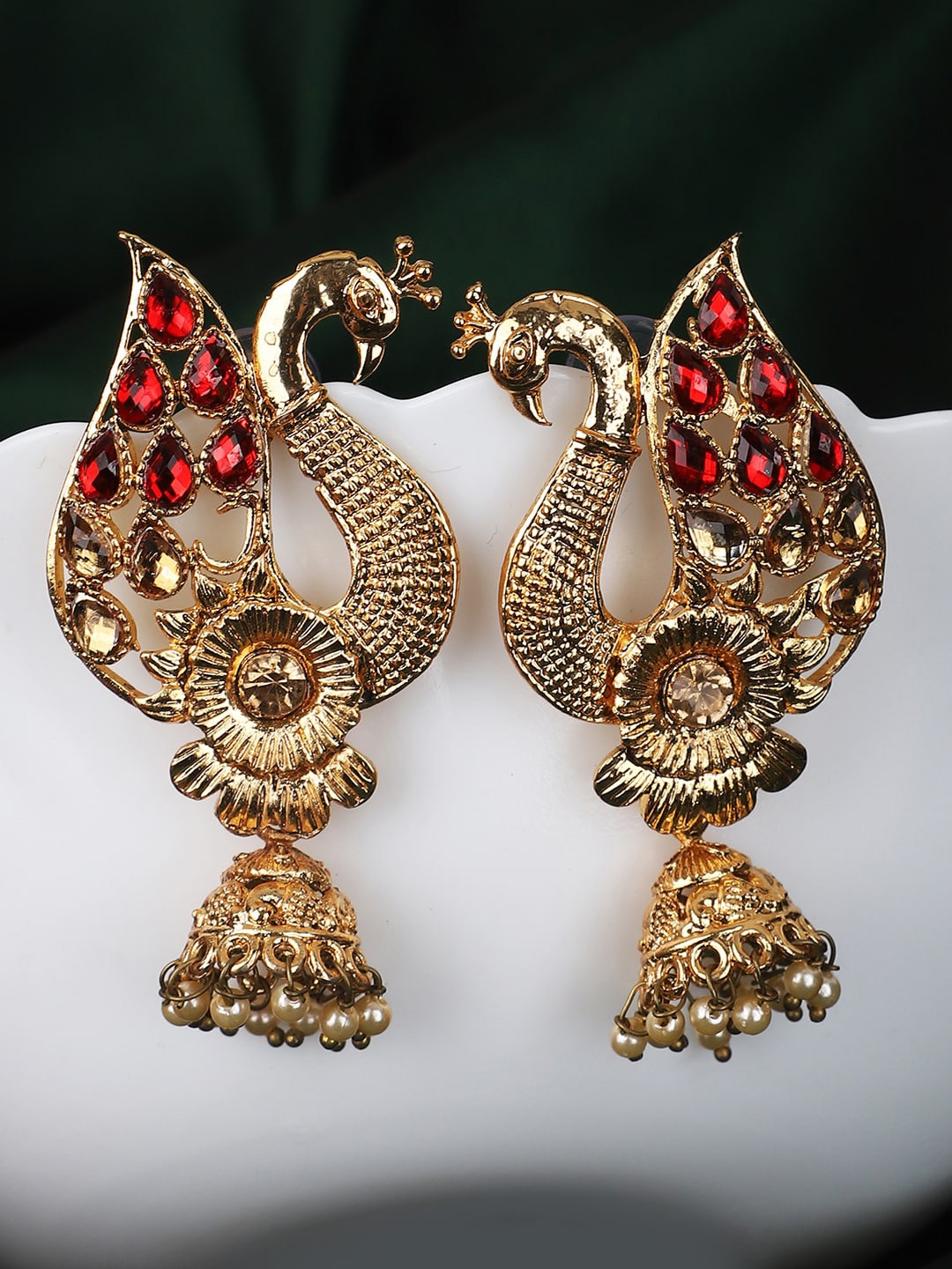 

ANIKAS CREATION Red & Gold-Plated Contemporary Jhumkas Earrings