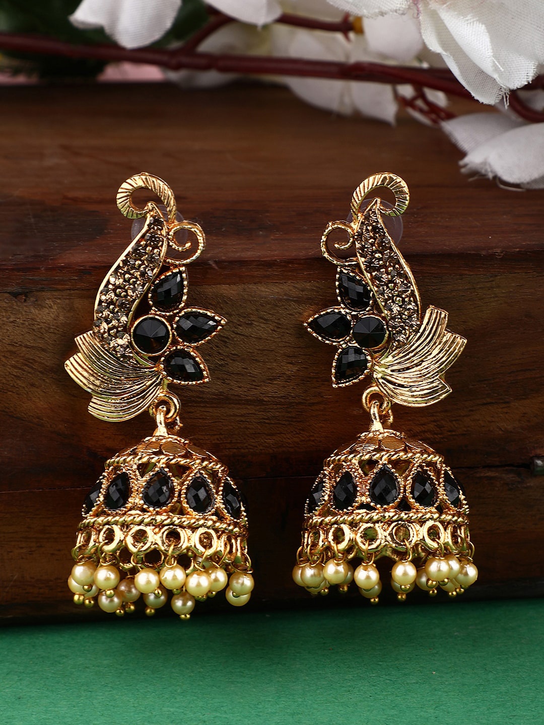 

ANIKAS CREATION Black & Gold-Plated Dome Shaped Jhumkas Earrings