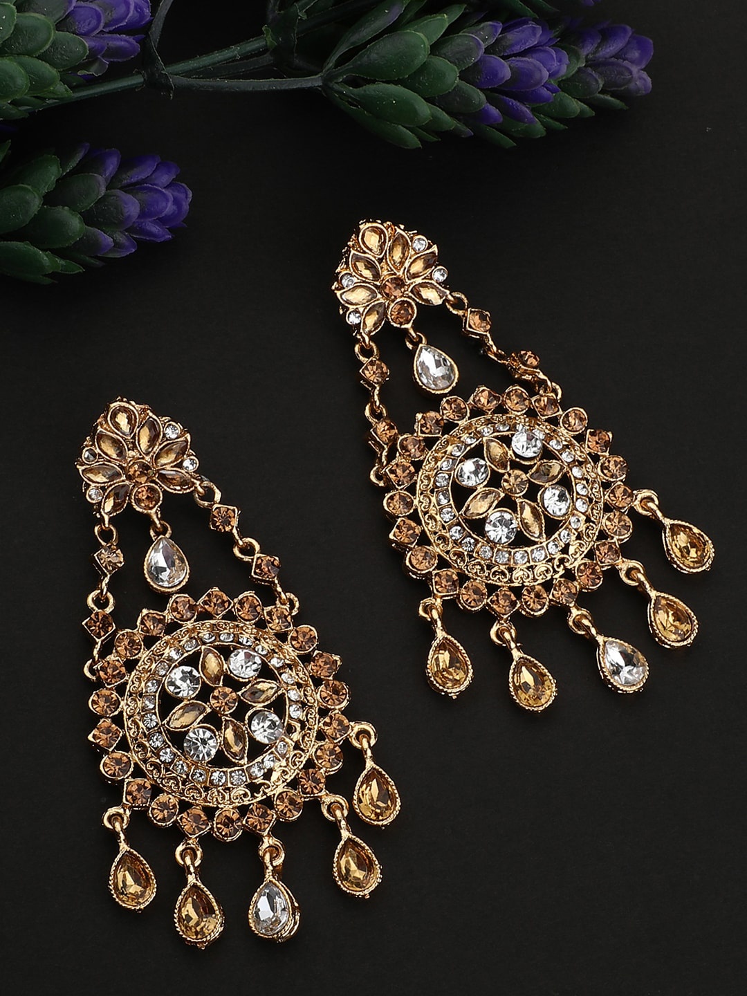 

ANIKAS CREATION Gold-Plated & Off White Contemporary Drop Earrings