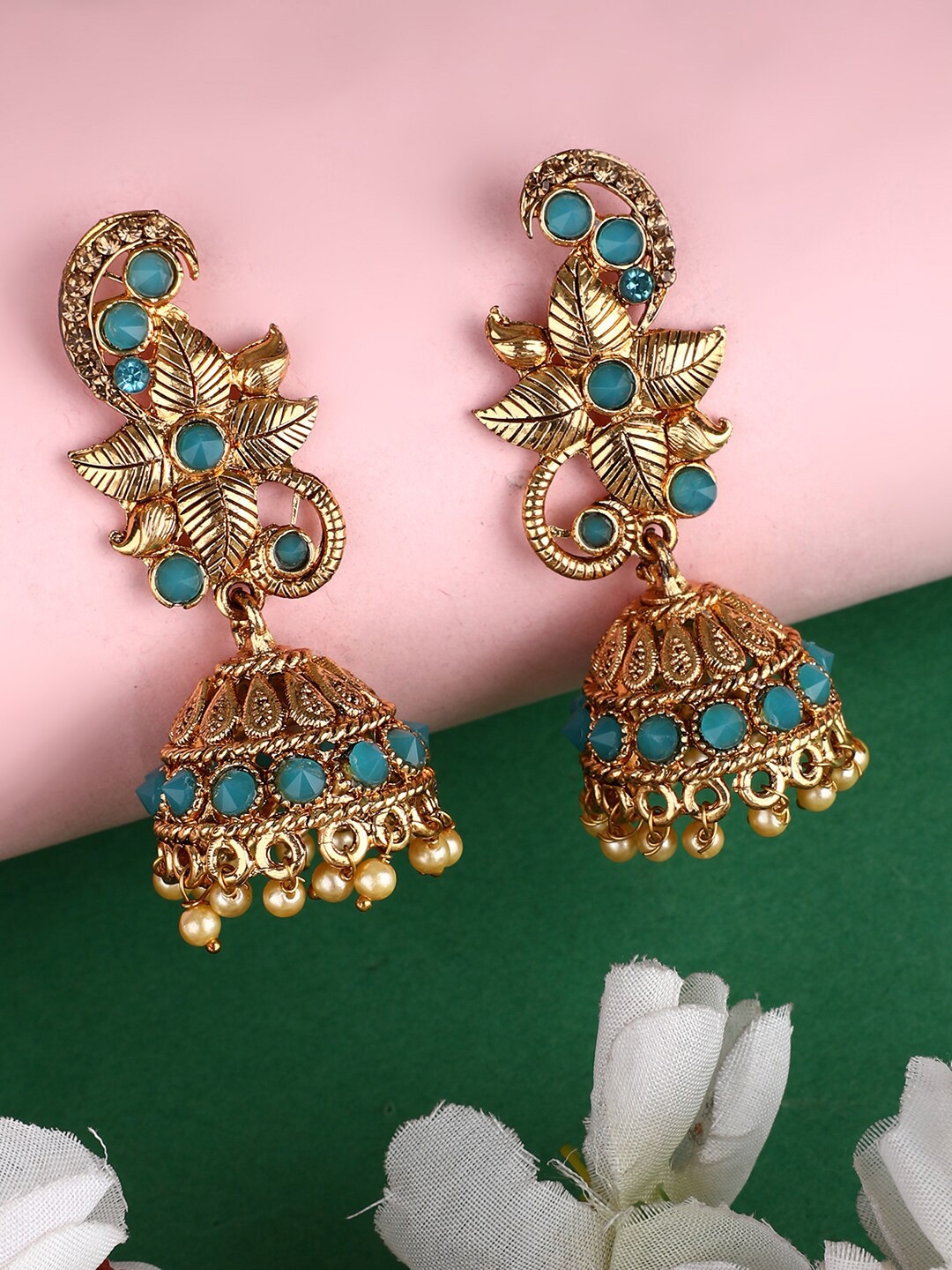 

ANIKAS CREATION Gold-Plated & Blue Dome Shaped Jhumkas Earrings