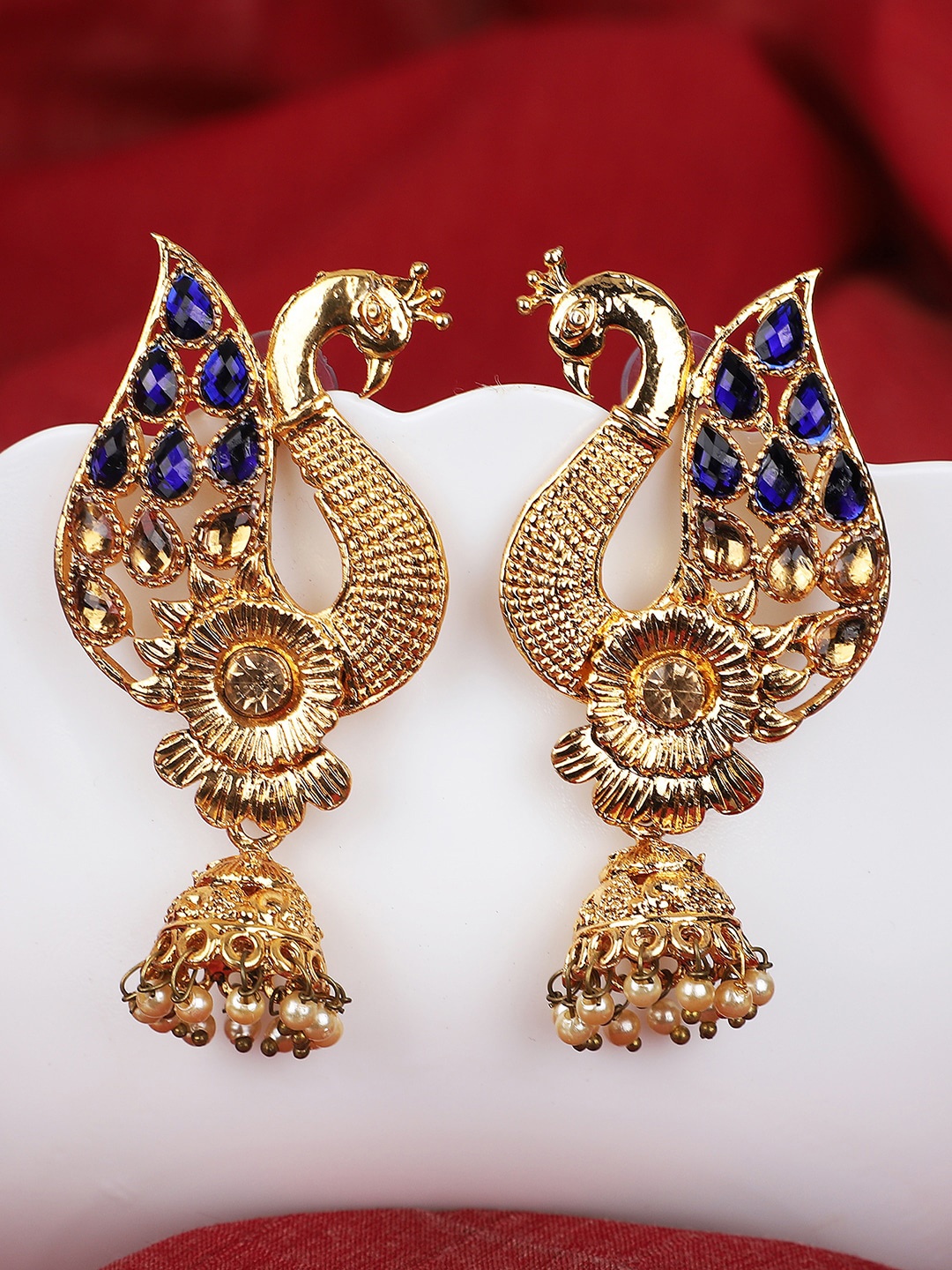 

ANIKAS CREATION Blue & Gold-Plated Contemporary Jhumkas Earrings