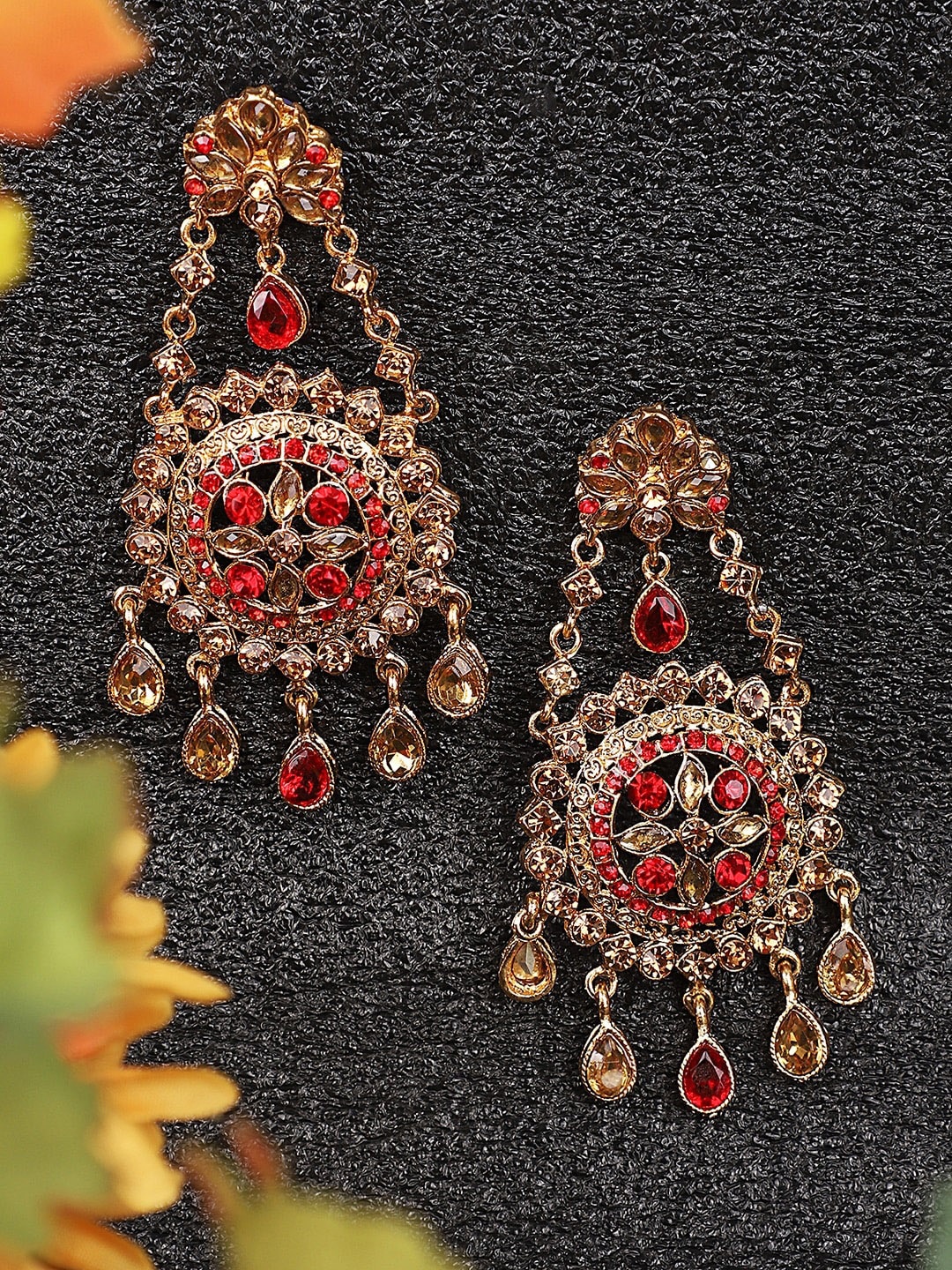 

ANIKAS CREATION Red & Gold-Plated Contemporary Drop Earrings