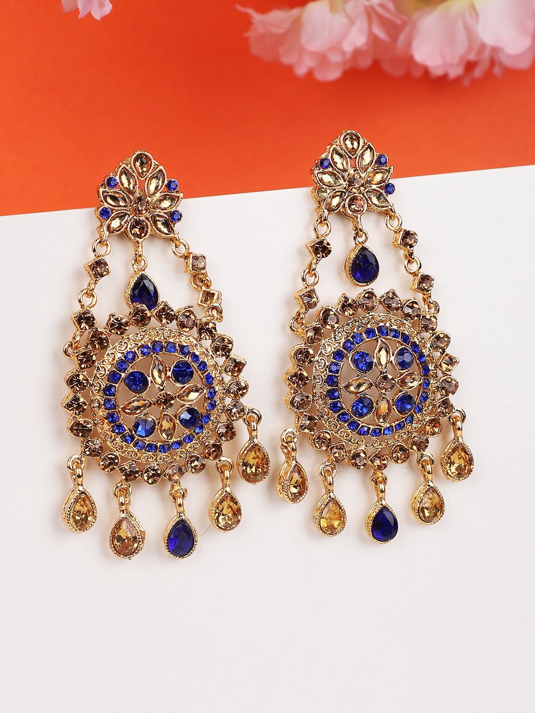 

ANIKAS CREATION Blue & Gold-Plated Contemporary Drop Earrings