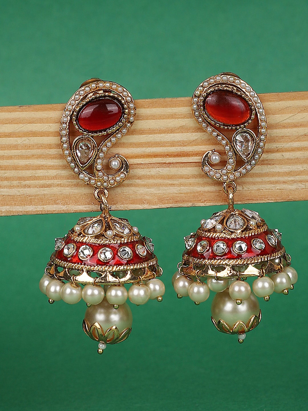 

ANIKAS CREATION Red & Gold-Plated Dome Shaped Jhumkas Earrings