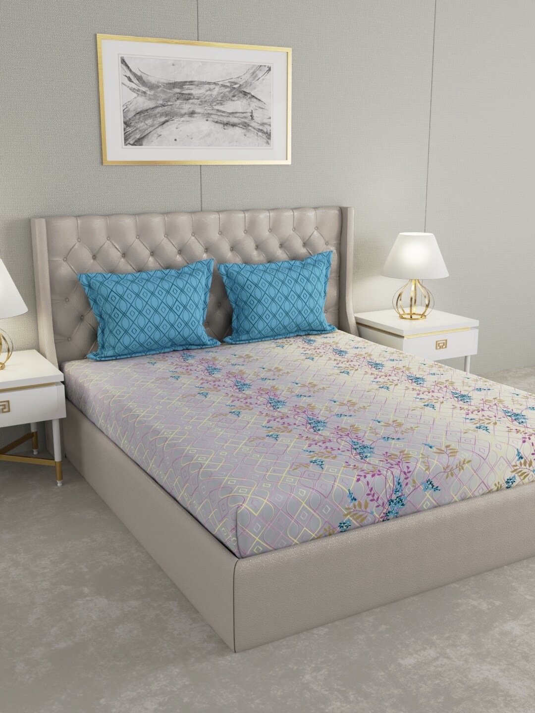 

Raymond Home Blue & Purple Floral Pure Cotton 140 TC King Bedsheet with 2 Pillow Covers