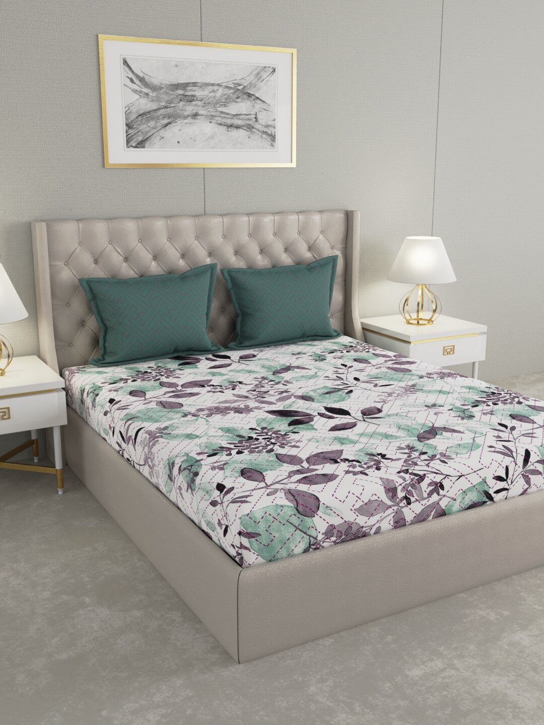 

Raymond Home Turquoise Blue & Green Floral Pure Cotton140 TC King Bedsheet 2 Pillow Covers