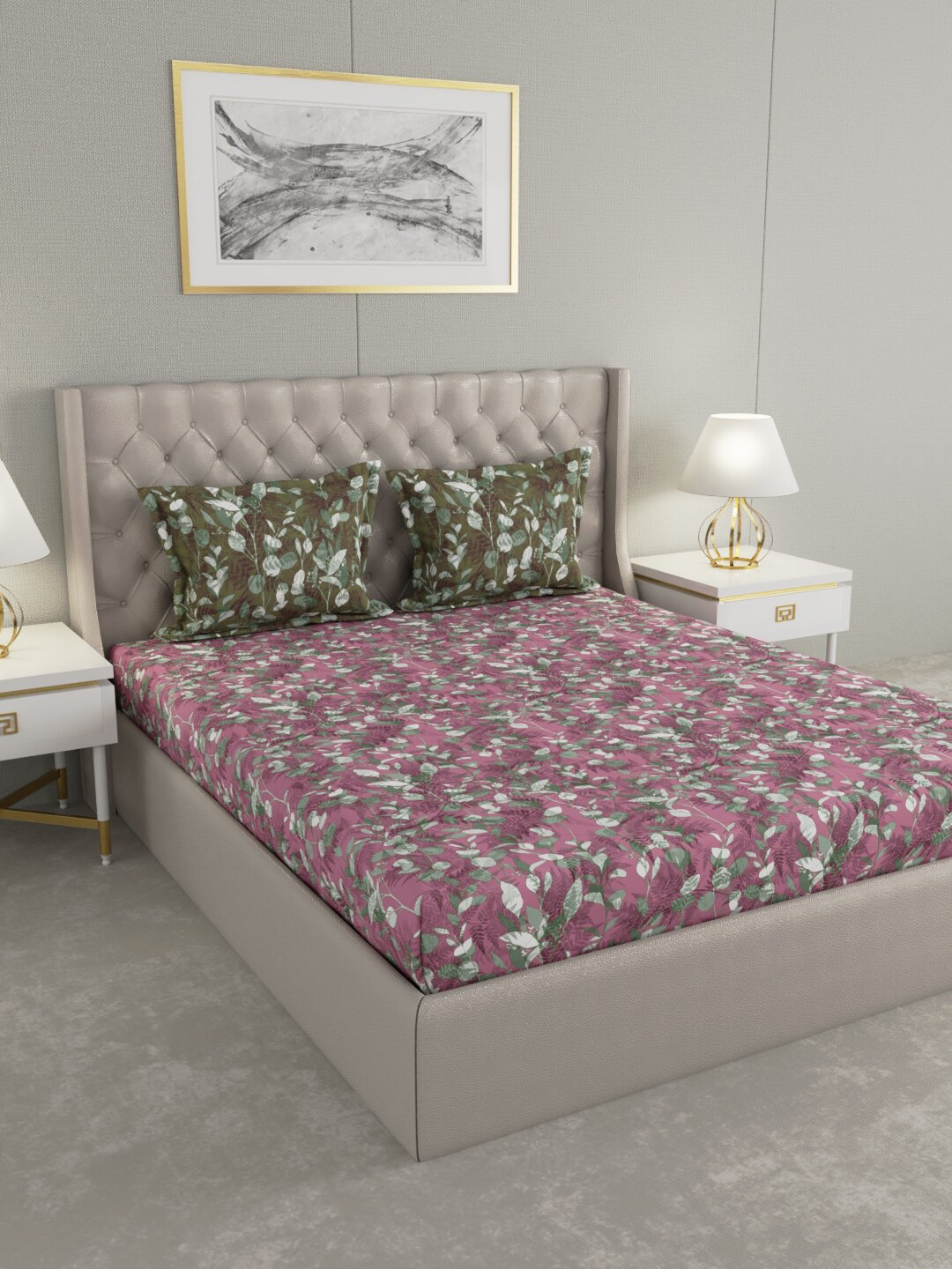 

Raymond Home Purple & Green Floral Pure Cotton 140 TC King Bedsheet with 2 Pillow Covers
