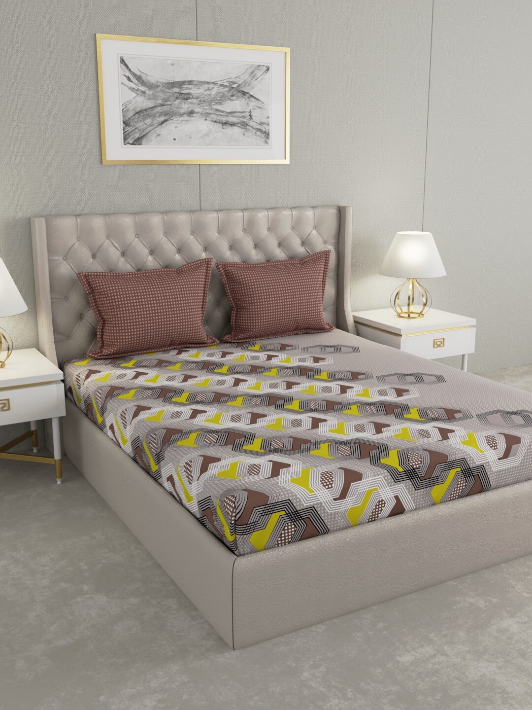 

Raymond Home Brown & White Geometric Pure Cotton 140 TC King Bedsheet with 2 Pillow Covers