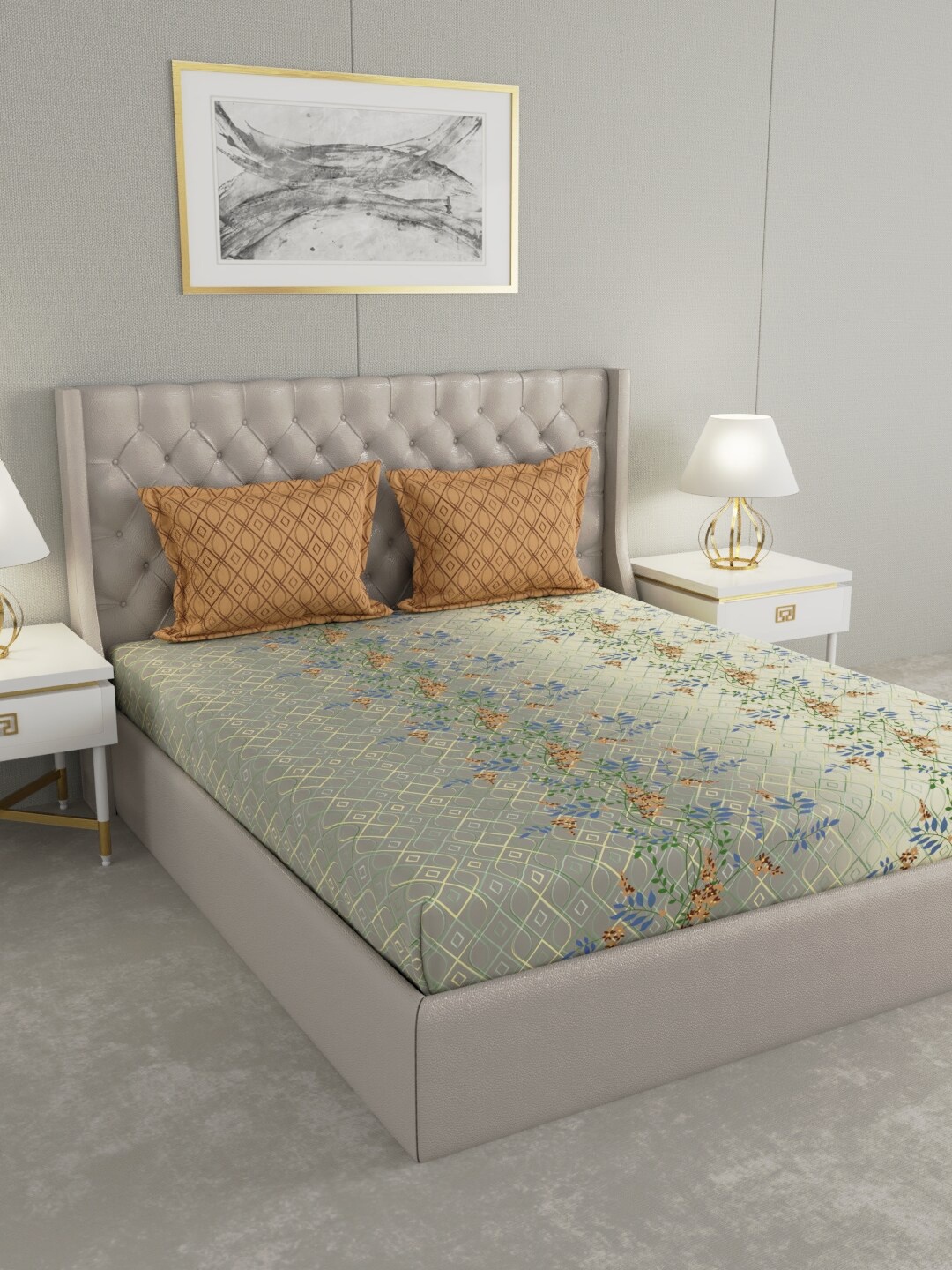

Raymond Home Yellow & Blue Floral Pure Cotton 140 TC King Bedsheet with 2 Pillow Covers