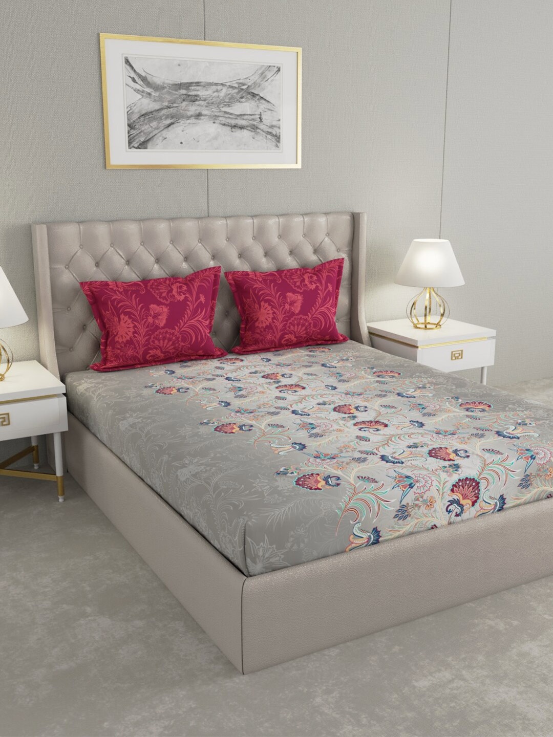 

Raymond Home Grey & Blue Floral Pure Cotton140 TC King Bedsheet with 2 Pillow Covers