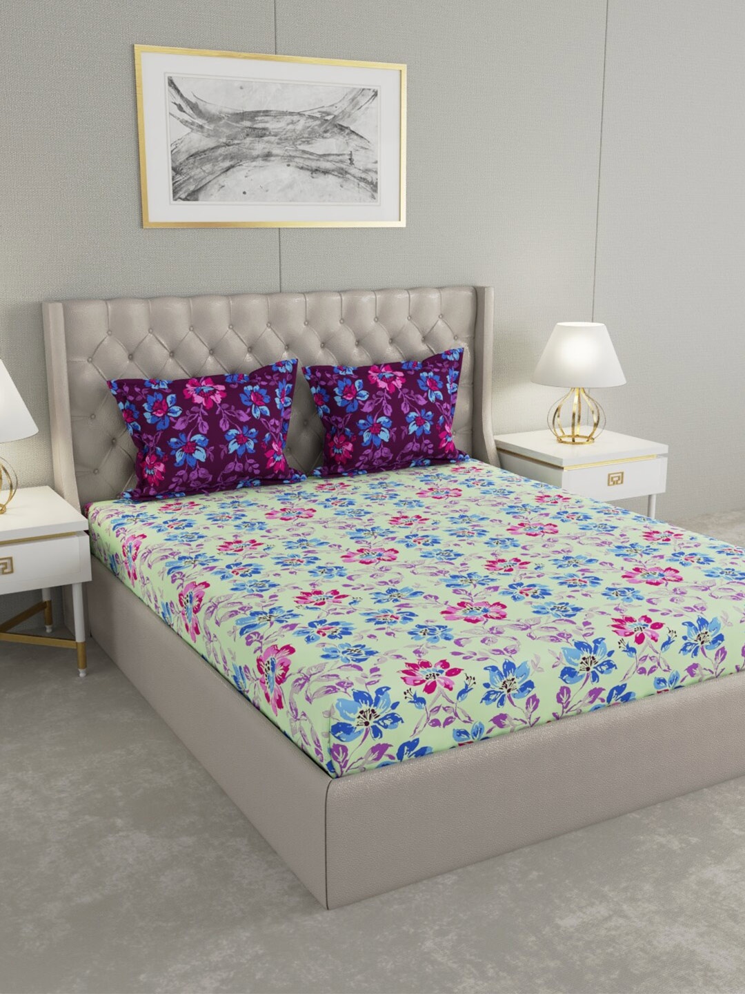 

Raymond Home Green & Blue Floral Pure Cotton 144 TC King Bedsheet with 2 Pillow Covers