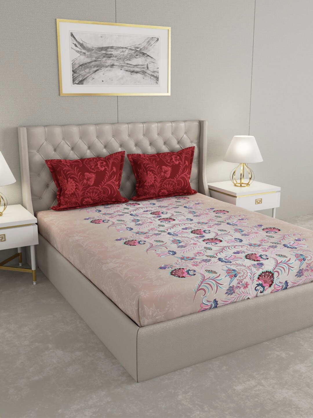

Raymond Home Pink & Maroon Floral Pure Cotton 140 TC King Bedsheet with 2 Pillow Covers