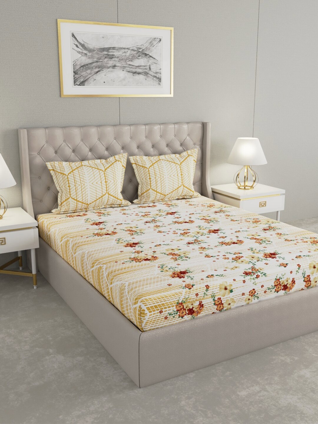 

Raymond Home Yellow & Red Floral Pure Cotton 140 TC King Bedsheet with 2 Pillow Covers