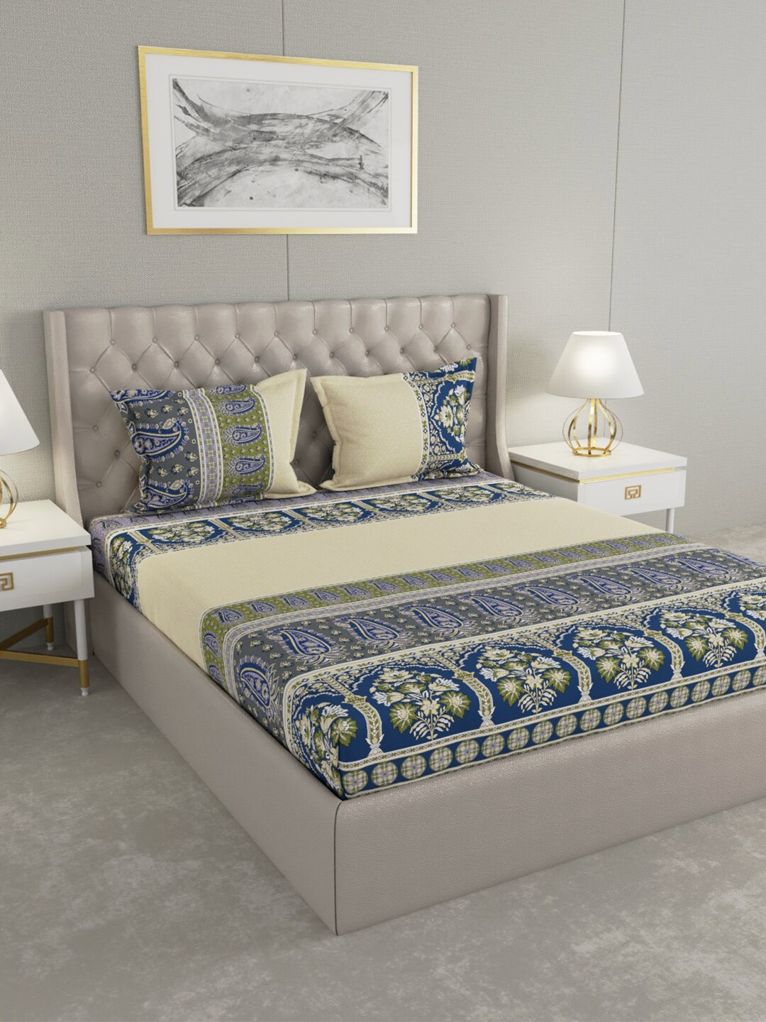 

Raymond Home Cream-Coloured & Blue Ethnic Motifs 140 TC King Bedsheet with 2 Pillow Covers