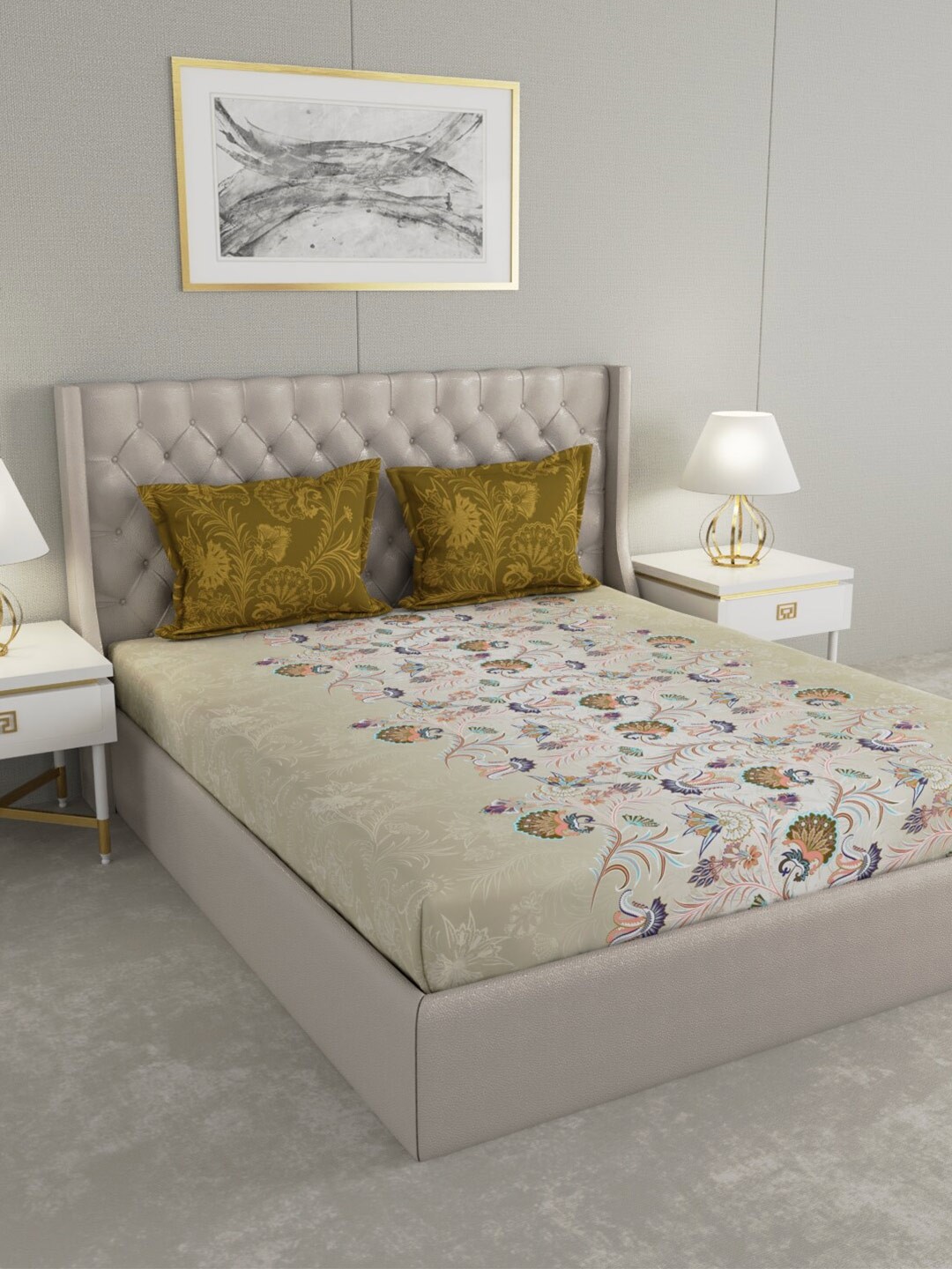 

Raymond Home Cream-Coloured & Blue Floral 140 TC King Bedsheet with 2 Pillow Covers