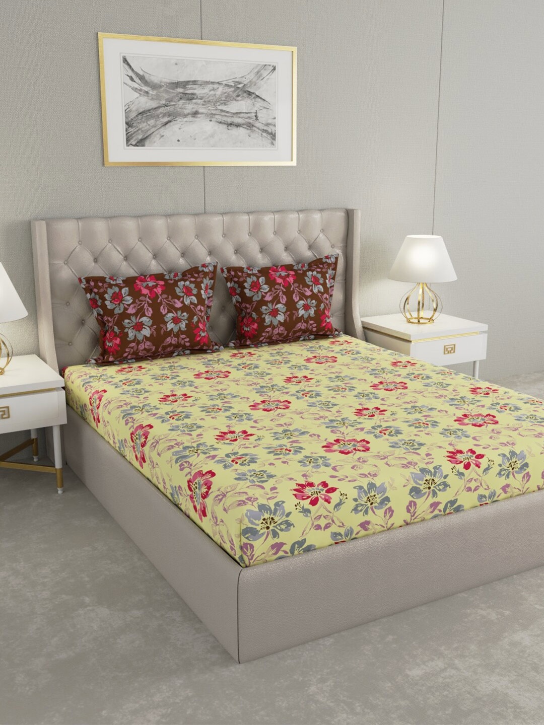 

Raymond Home Yellow & Blue Floral 144 TC King Bedsheet with 2 Pillow Covers