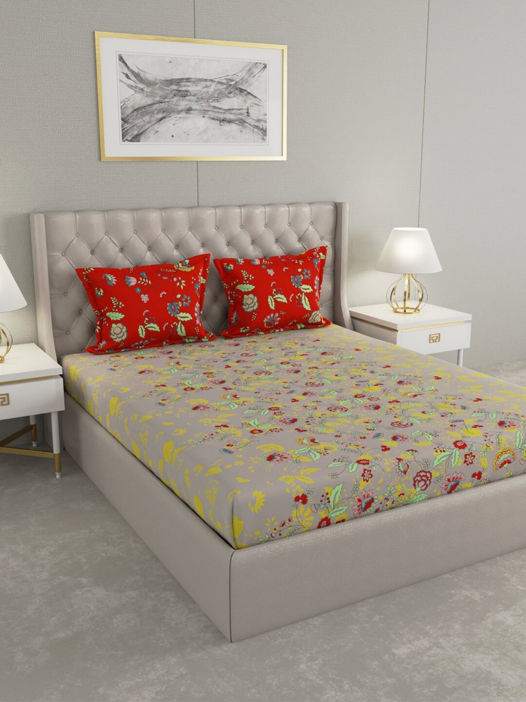 

Raymond Home Red & Grey Floral 144 TC King Bedsheet with 2 Pillow Covers