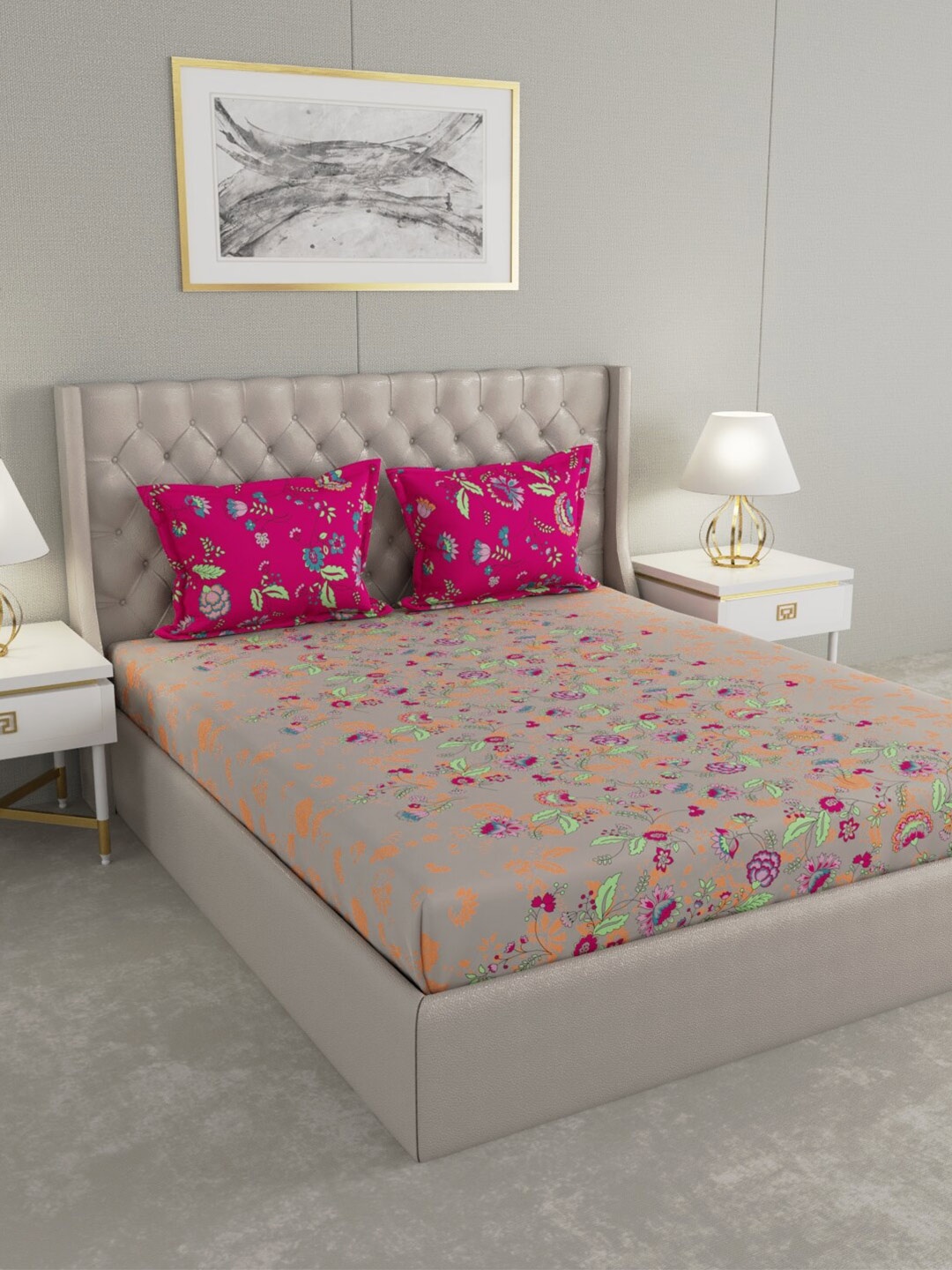 

Raymond Home Pink & Grey Floral 144 TC King Bedsheet with 2 Pillow Covers