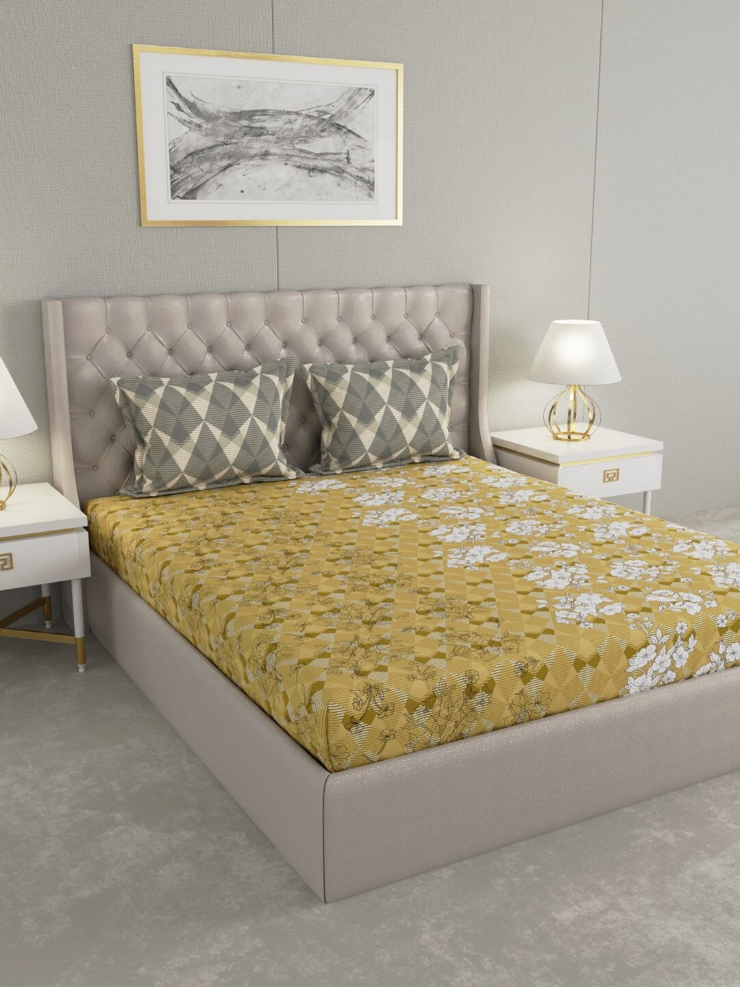 

Raymond Home Mustard & White Floral 144 TC Cotton King Bedsheet with 2 Pillow Covers