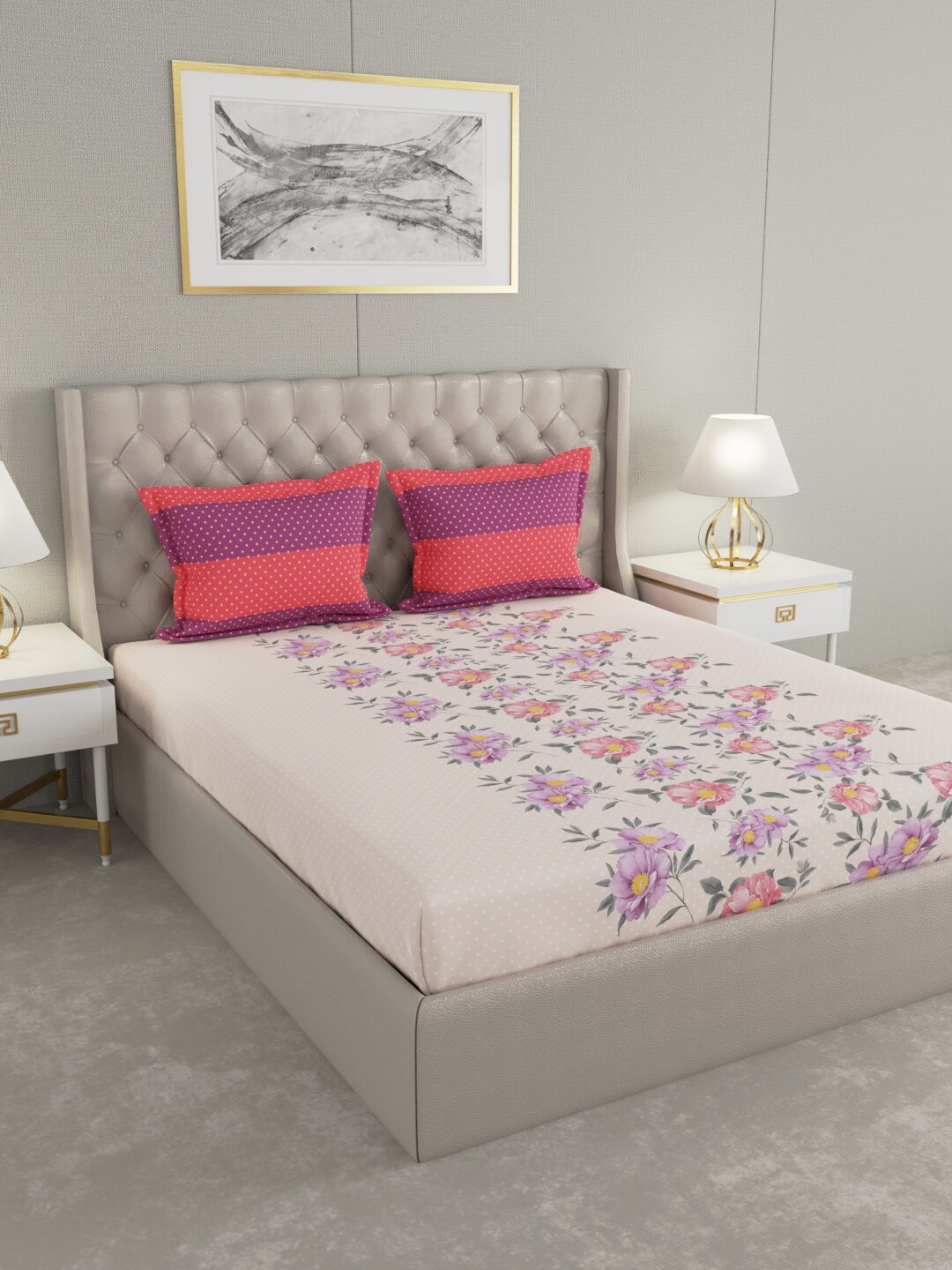 

Raymond Home Pink & Purple Floral 140 TC Cotton King Bedsheet with 2 Pillow Covers
