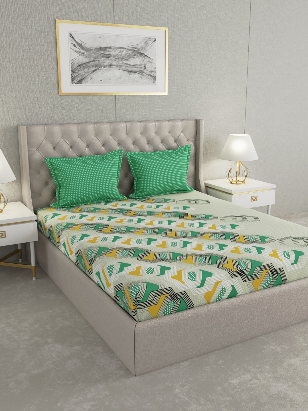 

Raymond Home Turquoise Blue & Mustard Geometric 140 TC King Bedsheet with 2 Pillow Covers