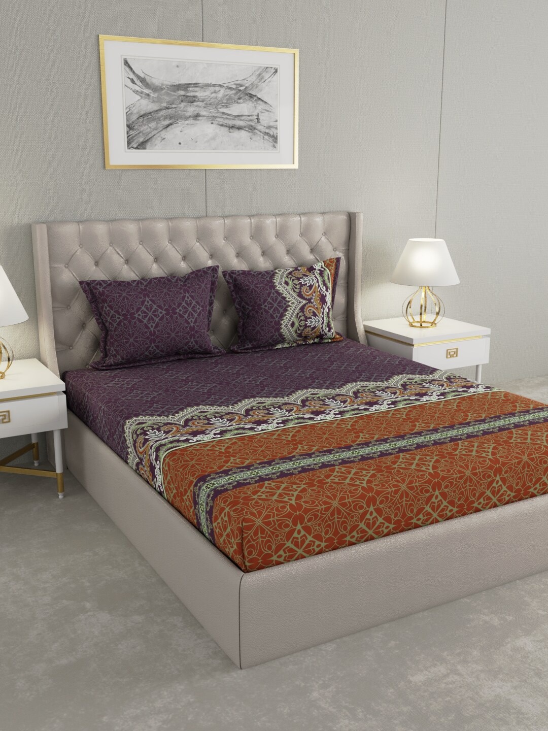 

Raymond Home Brown & Violet Ethnic Motifs 140 TC King Bedsheet with 2 Pillow Covers