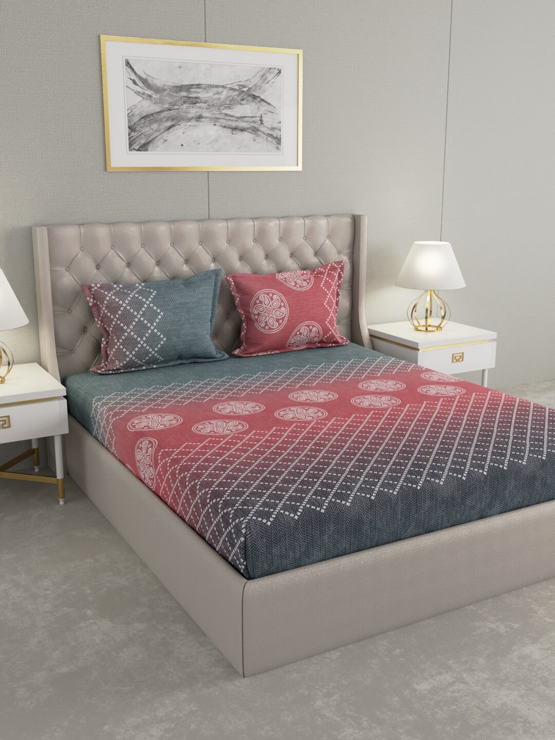 

Raymond Home Pink & White Ethnic Motifs 140 TC Cotton King Bedsheet with 2 Pillow Covers