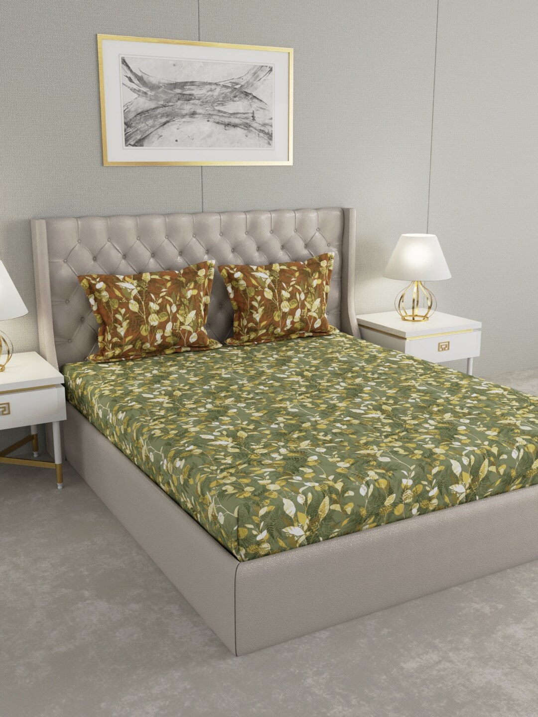 

Raymond Home Green & Yellow Floral 140 TC King Bedsheet with 2 Pillow Covers