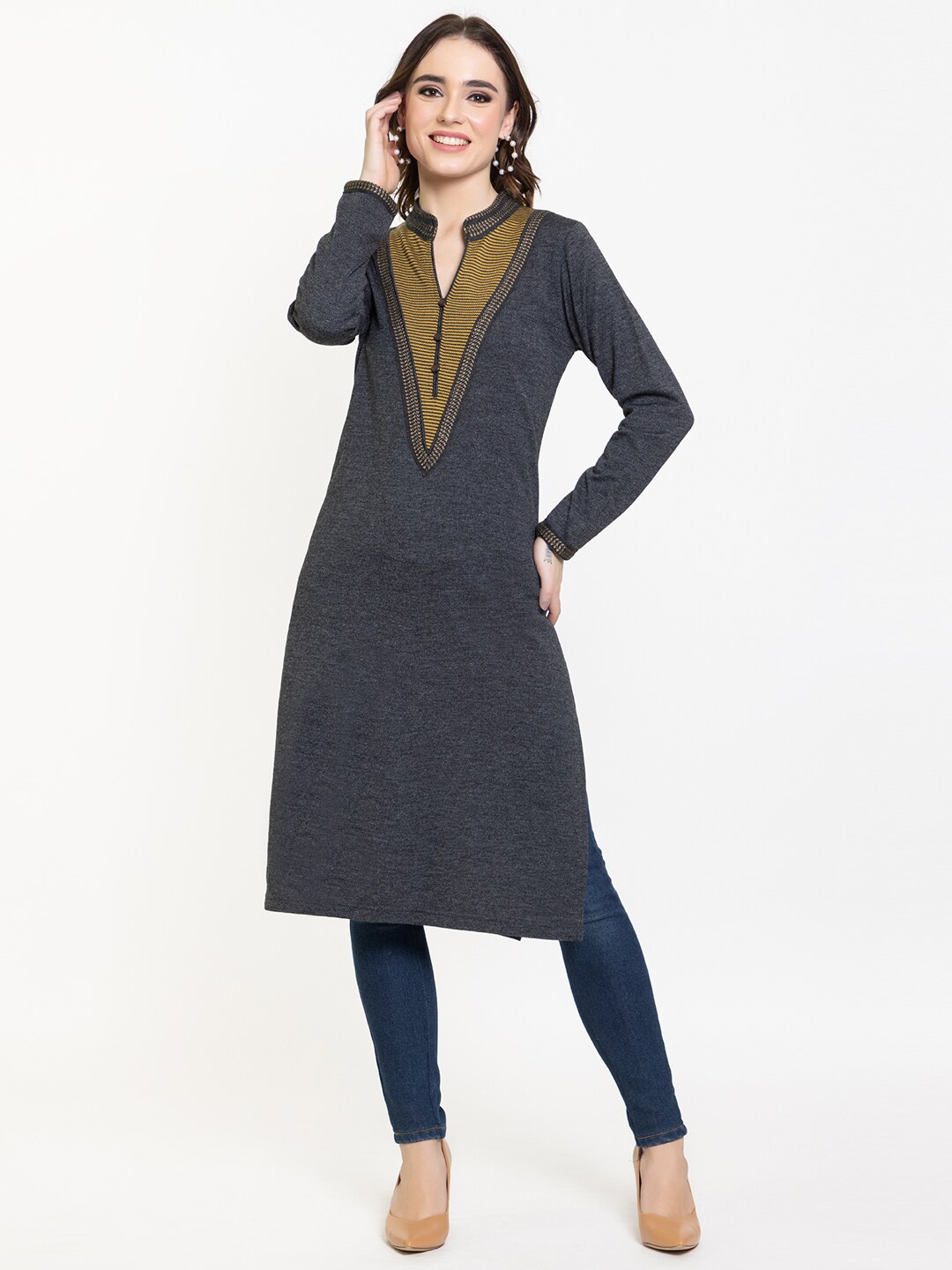 

KEIKO Women Charcoal & Mustard Yellow Striped Yoke Design Kurta