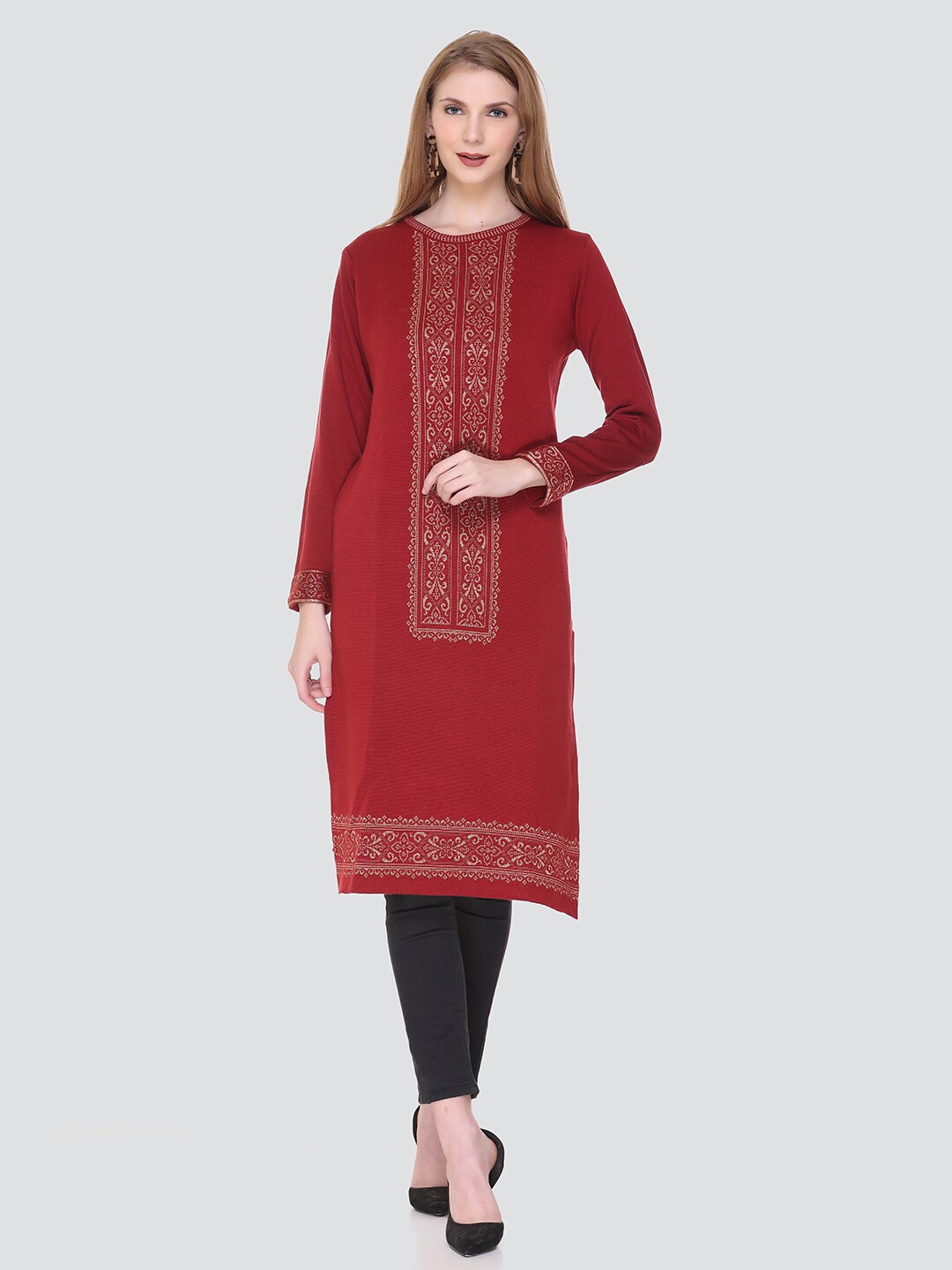 

KEIKO Ethnic Motifs Round Neck Printed Kurta, Maroon