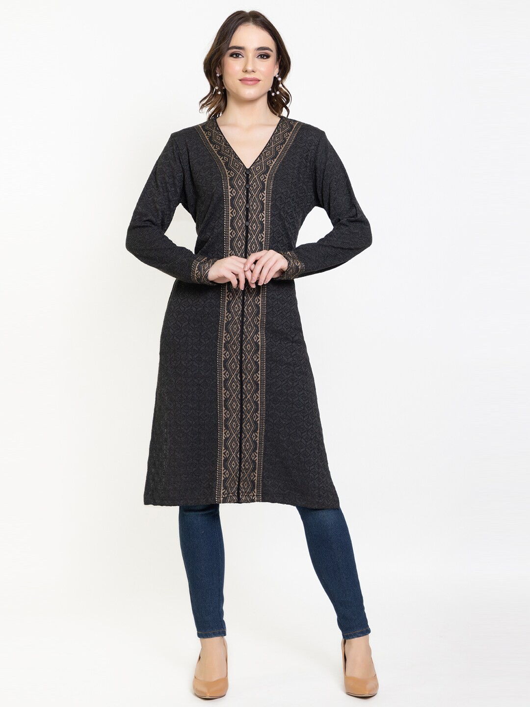 

KEIKO Ethnic Motifs Printed V-Neck Regular Kurta, Charcoal
