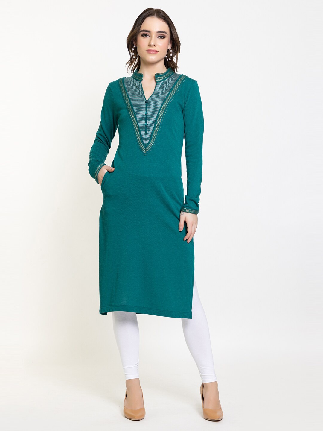 

KEIKO Mandarin Collar Woven Design Long Sleeves Acrylic Kurta, Green