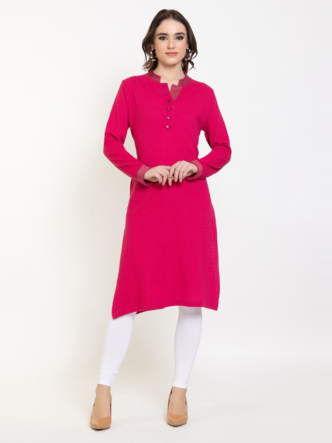 

KEIKO Mandarin Collar Woven Design Acrylic Kurta, Pink