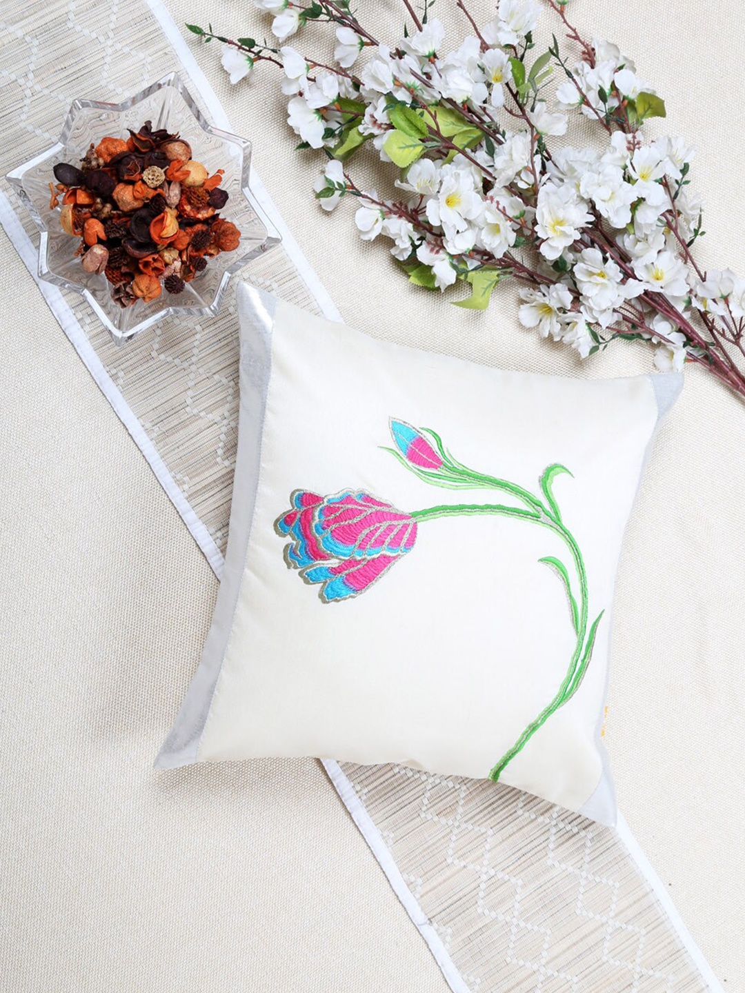 

ANS White & Green Floral Square Cushion Covers