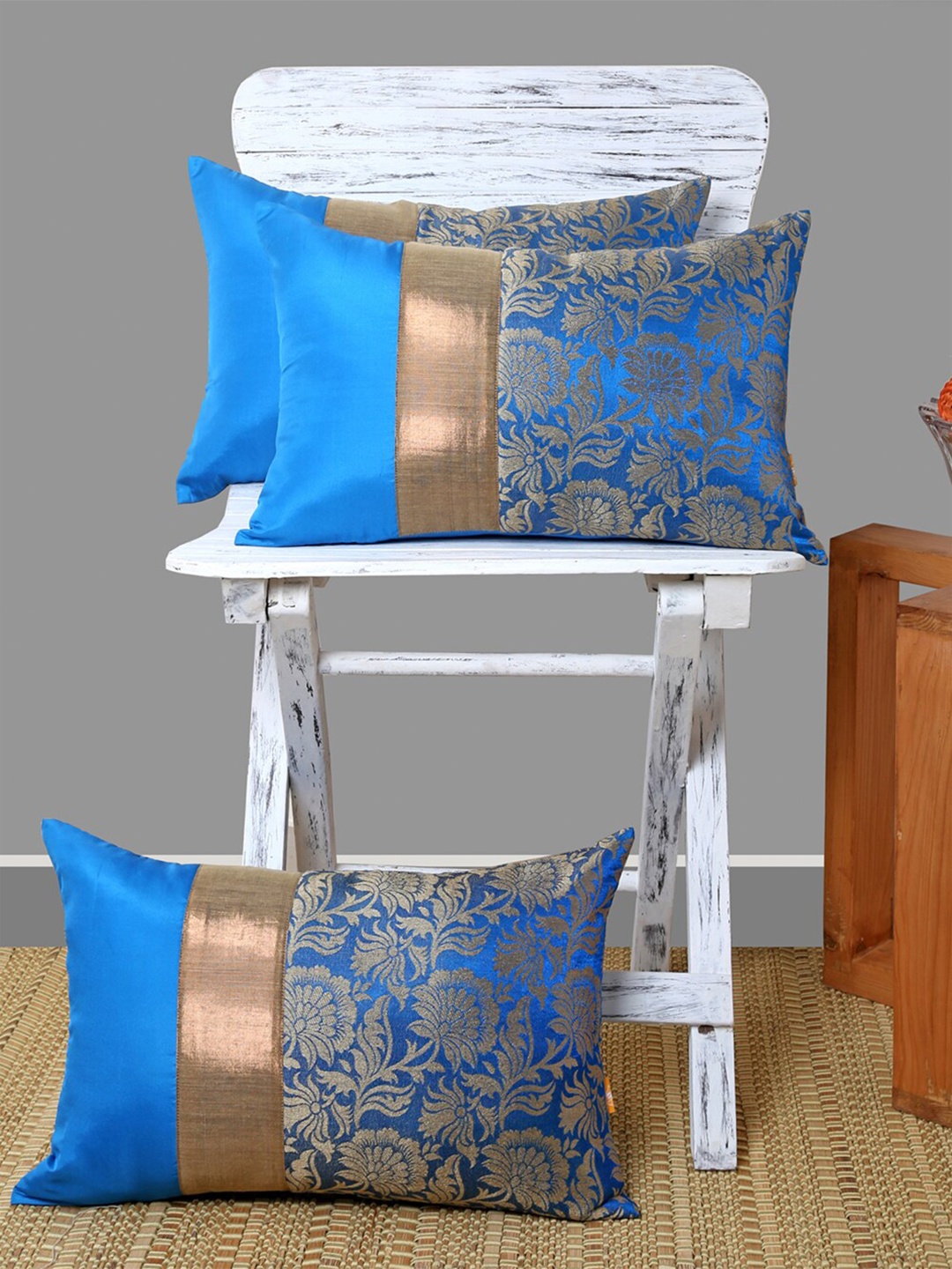 

ANS Turquoise Blue & Gold-Toned Set of 3 Floral Rectangle Cushion Covers