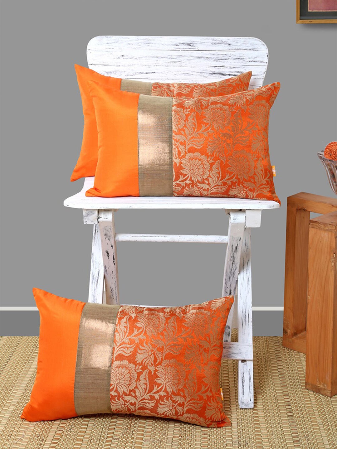 

ANS Orange & Gold-Toned Set of 3 Floral Rectangle Cushion Covers