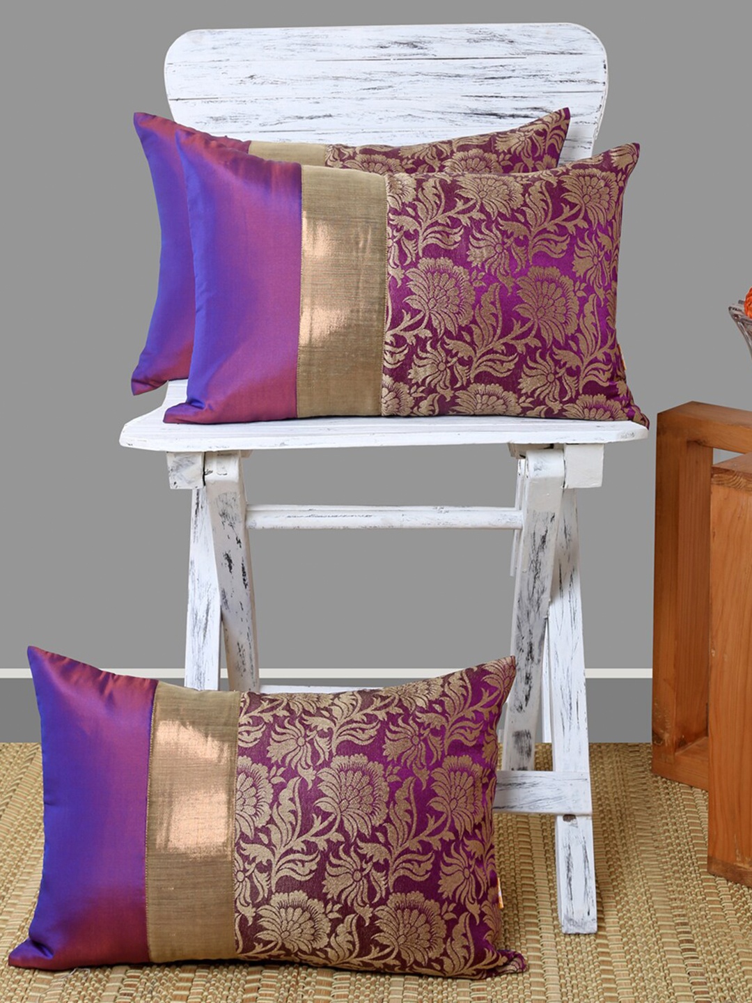 

ANS Violet & Gold-Toned Set of 3 Floral Rectangle Cushion Covers