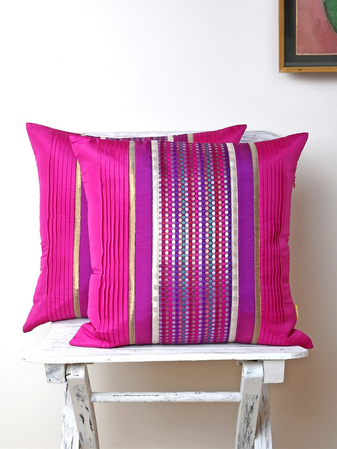 

ANS Purple & Pink Set of 2 Striped Square Cushion Covers