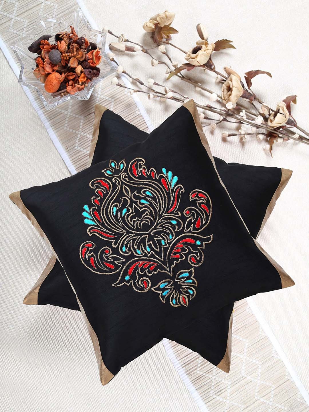 

ANS Black & Red Set of 2 Ethnic Motifs Square Cushion Covers